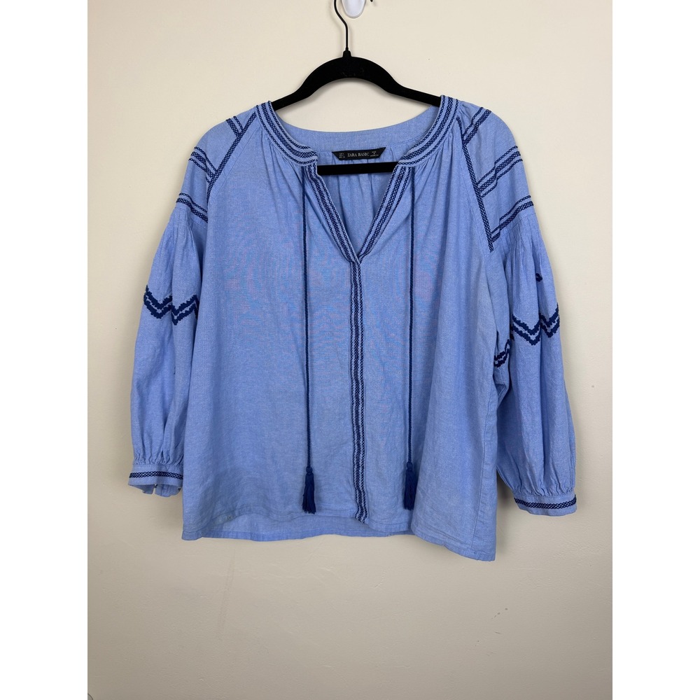 Embroidered Boho Peasant Blouse Blue Long puff Sleeve Tassel V Neck L